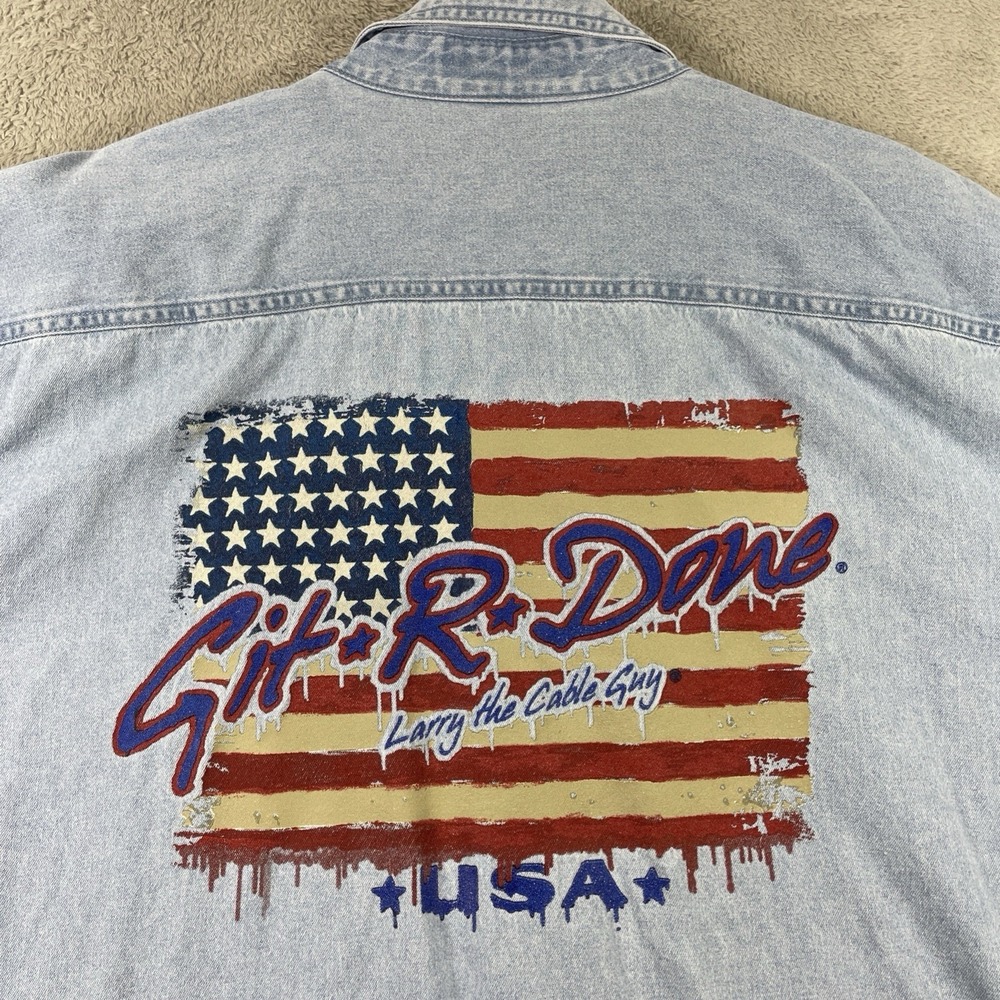Git R Done Larry the Cable Guy Shirt Men 2XL Blue Denim Long Sleeve Button Down